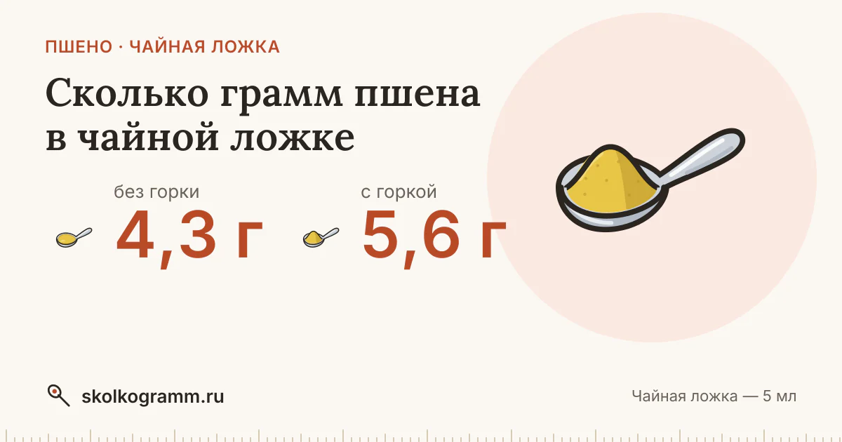 Сколько грамм пшена в чайной ложке: с горкой и без, как отмерить